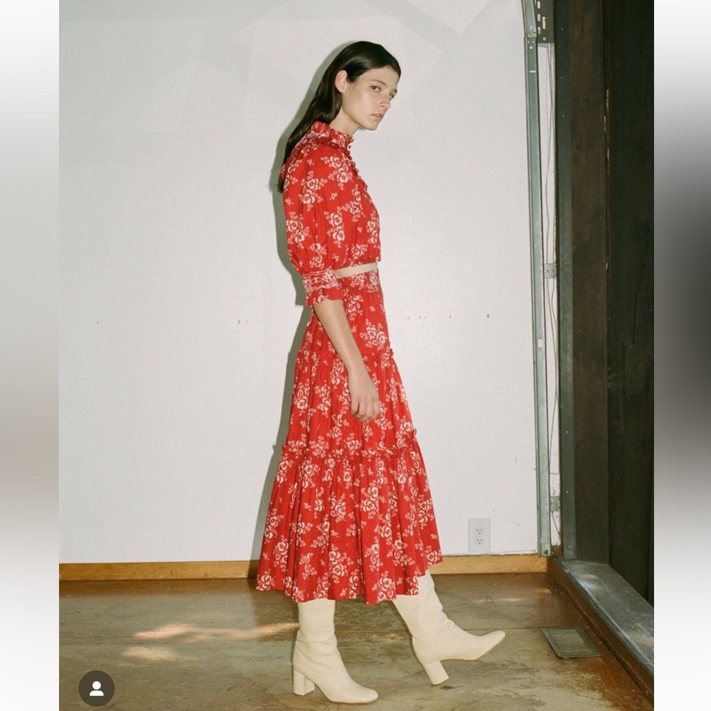 Sea NY Alessia Tiered Floral Print Cotton Midi Skirt In Red